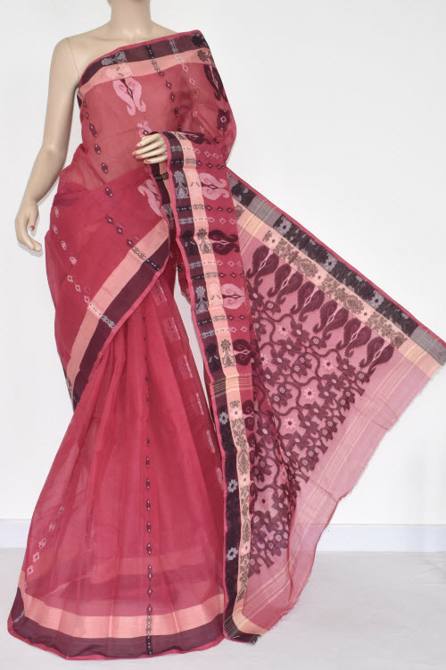 Cherry Handwoven Bengal Tant Cotton Saree (Without Blouse) 14085