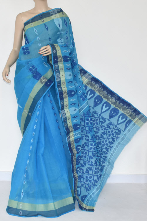 Pherozi Blue Handwoven Bengal Tant Cotton Saree (Without Blouse) 14088