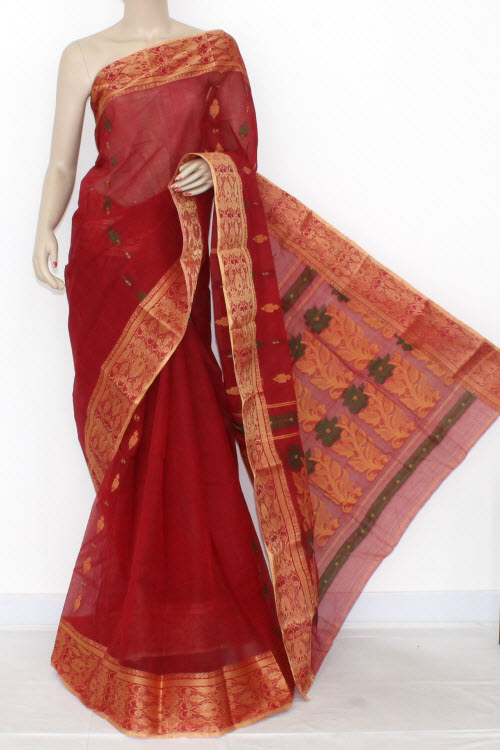 Red Handwoven Bengali Tant Cotton Saree (Without Blouse) Golden zari Border 14092
