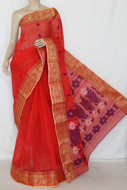 Orange Handwoven Bengali Tant Cotton Saree (Without Blouse) 14095