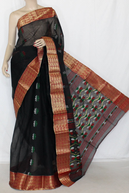 Black Handwoven Bengali Tant Cotton Saree (Without Blouse) Zari Border 14110