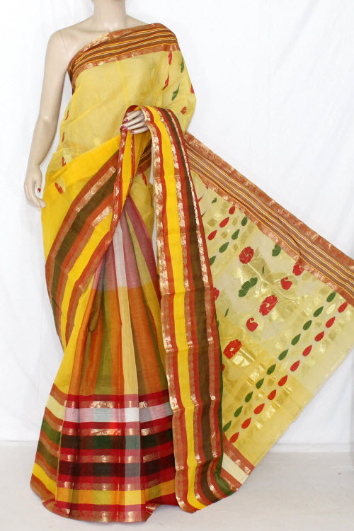 Yellow Orange Handwoven Bengali Tant Cotton Saree (Without Blouse) 14117