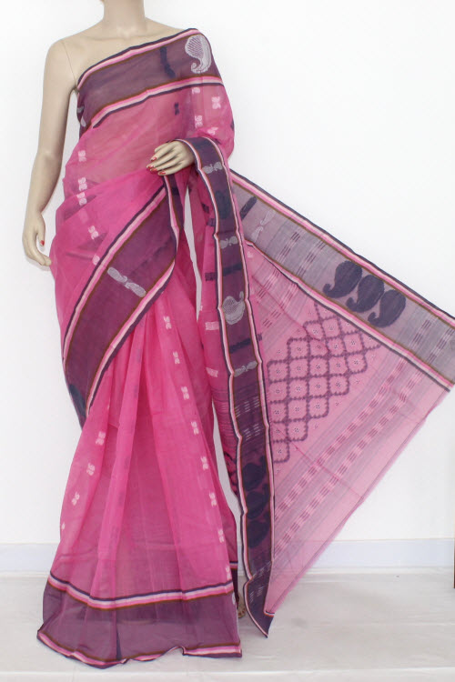 Pink Grey Handwoven Bengali Tant Cotton Saree (Without Blouse) 14119