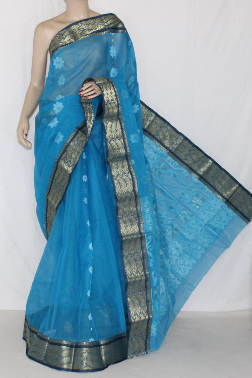 Pherozi Blue Handwoven Bengali Tant Cotton Saree (Without Blouse) Zari Border 14131