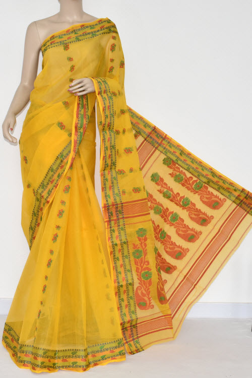 Yellow Handwoven Bengali Tant Cotton Saree (Without Blouse) Resham Border 14141