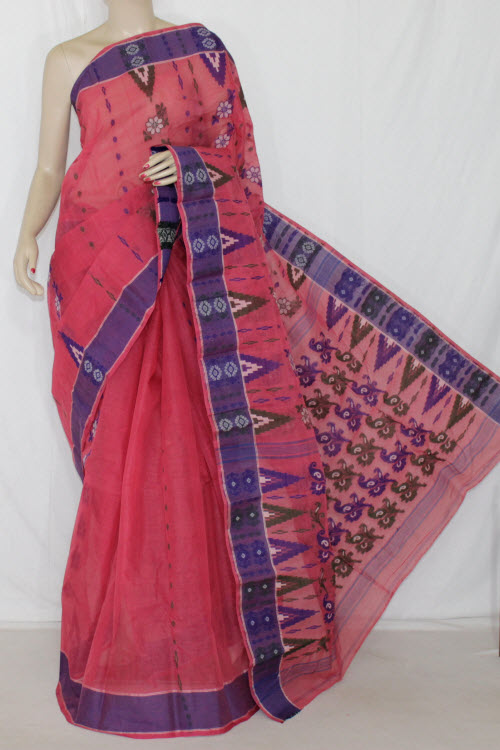 Dark Peach Handwoven Bengali Tant Cotton Saree (Without Blouse) 14154
