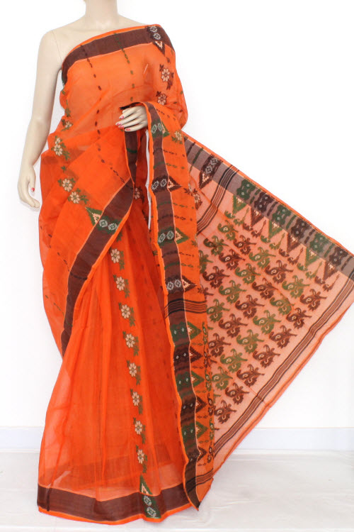 Deep Orange Handwoven Bengal Tant Cotton Saree (Without Blouse) 14157