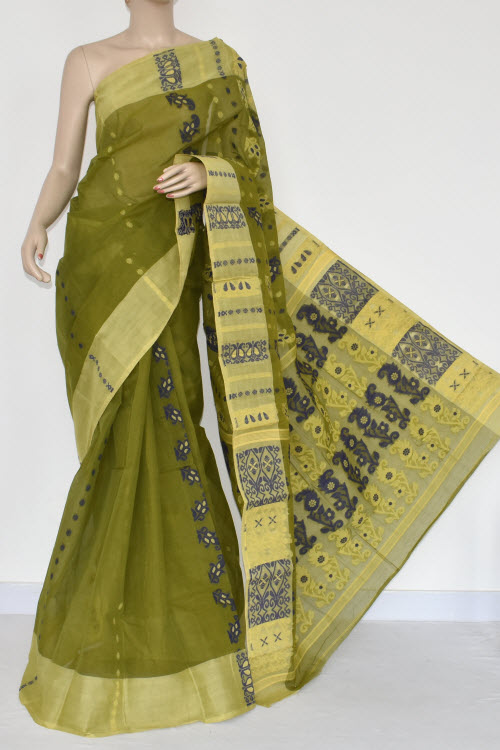 Menhdi Green Handwoven Bengal Tant Cotton Saree (Without Blouse) 14162
