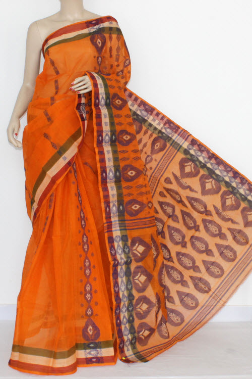 Orange Handwoven Bengal Tant Cotton Saree (Without Blouse) 14173