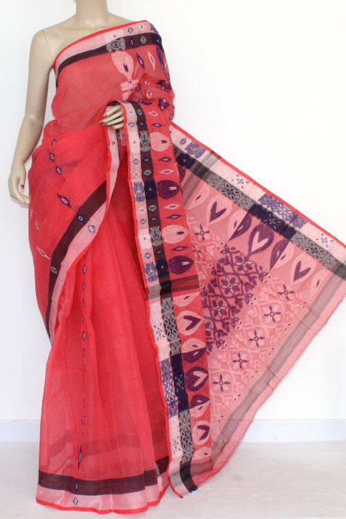 Dark Peach Handwoven Bengal Tant Cotton Saree (Without Blouse) 14176