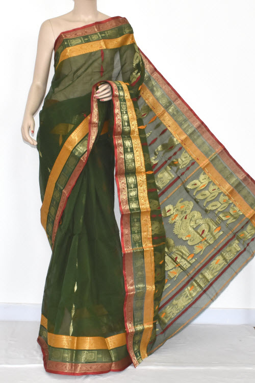 Bottle Green Handwoven Bengali Tant Cotton Saree (Without Blouse) Zari Border 14189