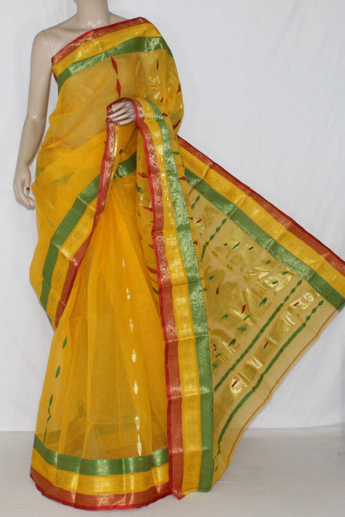 Golden Yellow Handwoven Bengali Tant Cotton Saree (With Blouse) Zari Border 14192