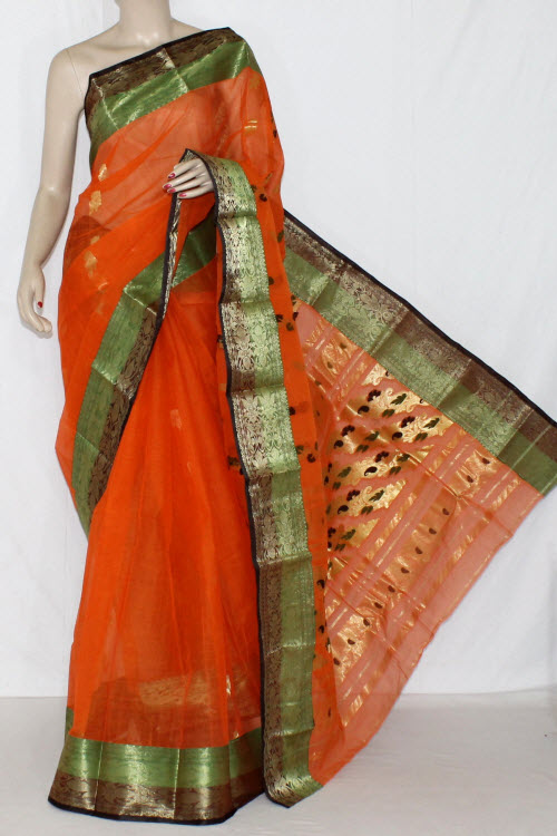 Orange Handwoven Bengali Tant Cotton Saree (Without Blouse) Zari Border 14198