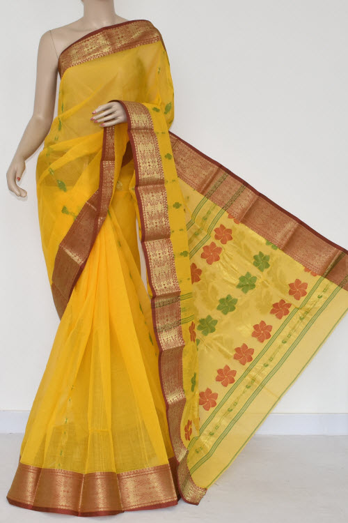 Golden Yellow Handwoven Bengal Tant Cotton Saree (Without Blouse) Zari Border 14207