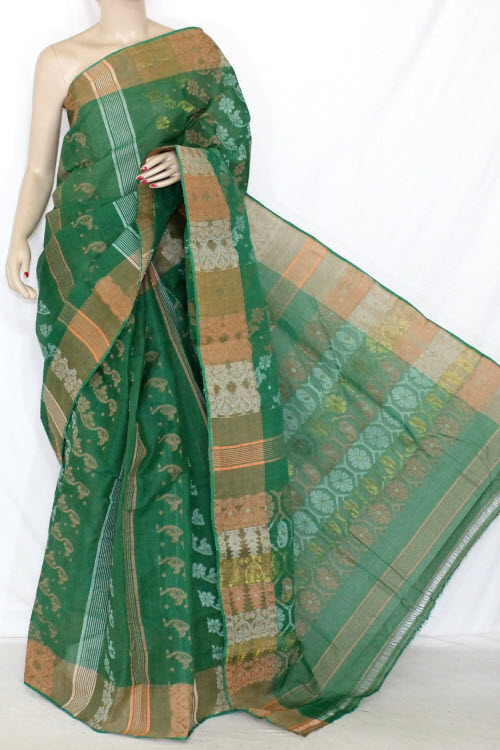 Green Handwoven Bengali Tant Cotton Saree (Without Blouse) Jamdani 14291