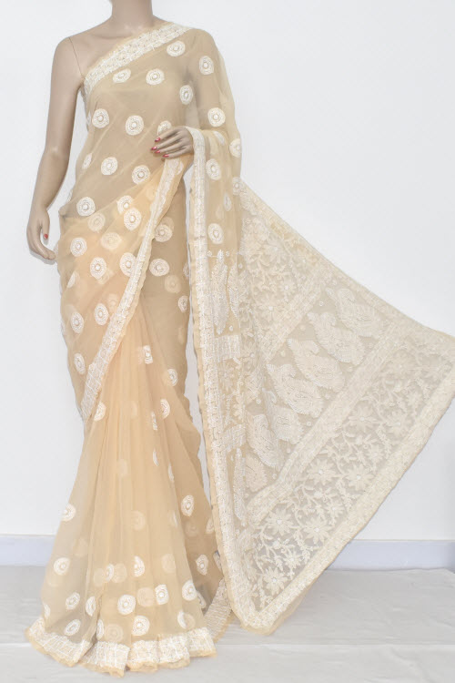 Fawn Hand Embroidered Lucknowi Chikankari Saree (With Blouse - Georgette) 14414