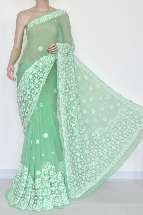 Pista Green Hand Embroidered Lucknowi Chikankari Saree (With Blouse - Georgette) Rich Border and Pallu 14423