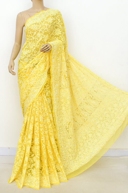 Yellow Allover Hand Embroidered Lucknowi Chikankari Saree (With Blouse - Faux Georgette) Full Jaal with Fine Mukaish Work 14952