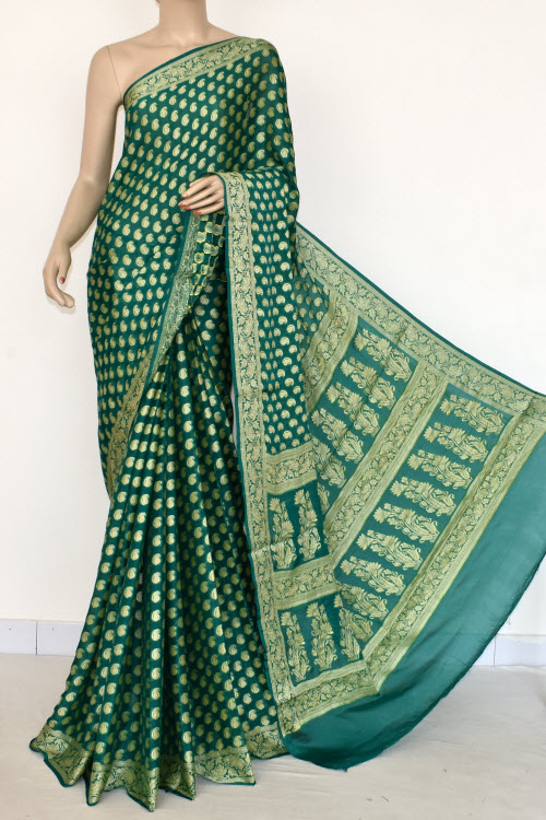 Green Banarasi Handloom Khaddi Georgette Saree (With Blouse) Allover Resham Weaving 16167