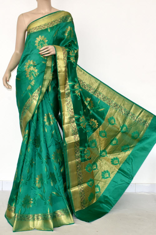Green Banarasi Handloom Dupion Silk Saree (With Blouse) Allover Resham Weaving 16175
