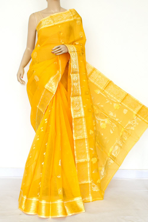 Turmeric Yellow Handwoven Bengal Tant Cotton Saree (Without Blouse) Zari Border 17002