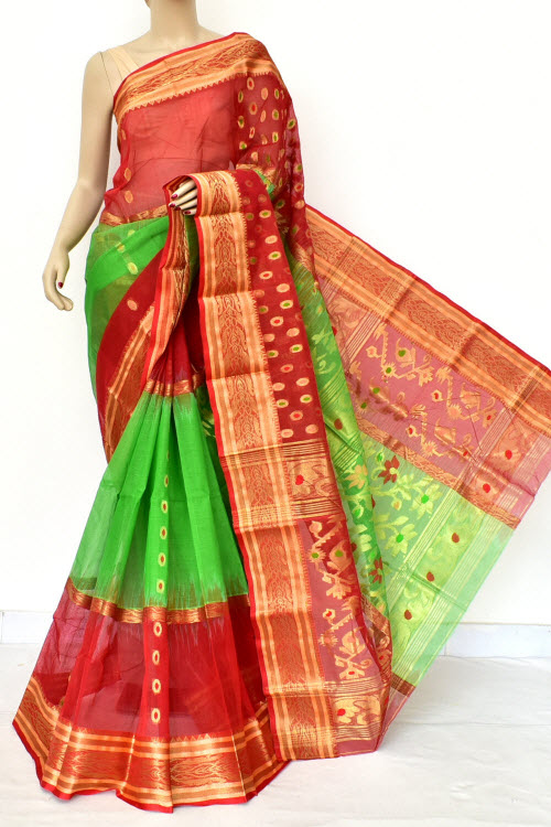 Parrot Green Red Handwoven Bengal Tant Cotton Saree (Without Blouse) Zari Border 17470