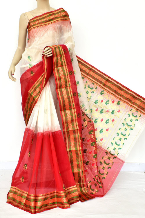 Red-White Half-Half Handwoven Bengal Tant Cotton Saree (Without Blouse) 17490