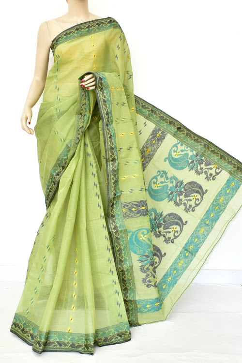 Pista Green Handwoven Bengal Tant Cotton Saree (Without Blouse) Resham Border 17561