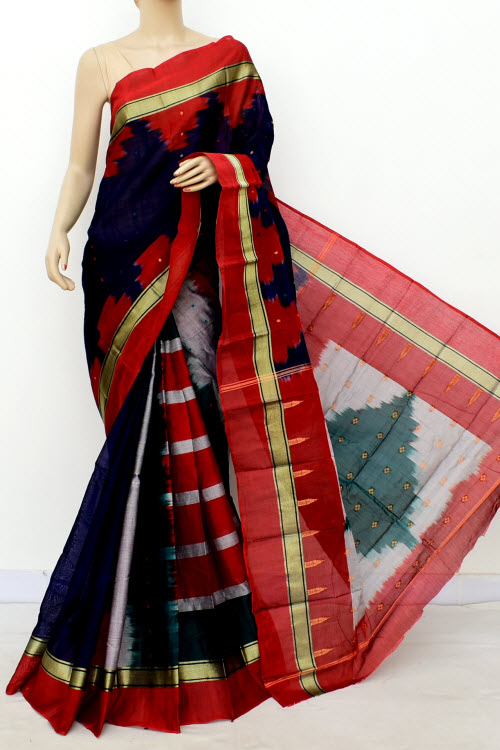 Navy Blue Red Handwoven Bengal Tant Soft Cotton Saree (With Blouse) 17568