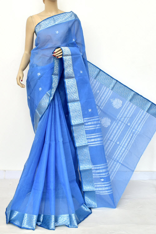 Blue Handwoven Bengal Tant Cotton Saree (With Blouse) Resham Border 17611