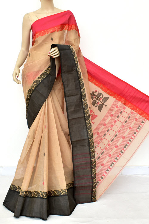 Fawn Red Black Designer Handwoven Bengal Tant Cotton Saree (Without Blouse) Ganga Yamuna Border 17615