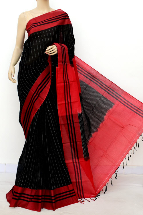 Black Red Handwoven Bengal Tant Soft Cotton Saree (With Blouse) 17638