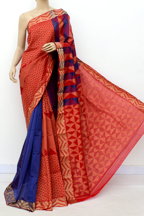 Red Blue Half-Half Cot-Silk Saree (With Blouse) 17639