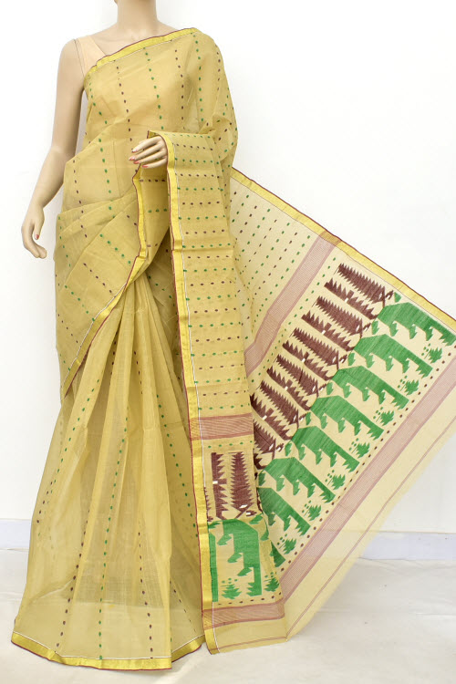 Beige Handloom Thousand Booti Bengal Tant Cotton Saree (Without Blouse) 17660