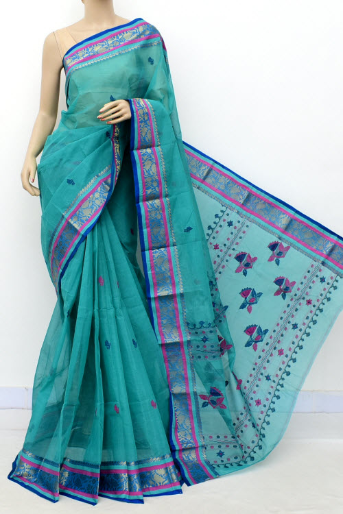 Sea Green Exclusive Handwoven Bengal Tant Cotton Saree (With Blouse) 17573