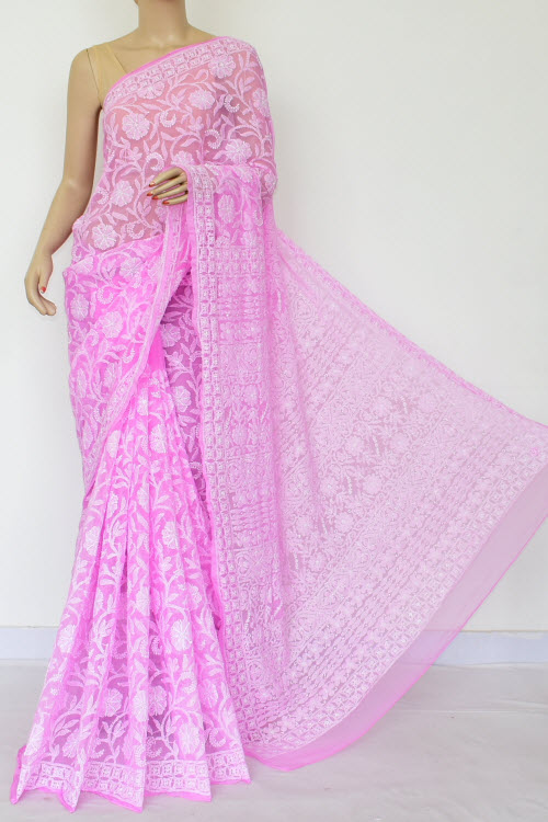 Pink Allover Hand Embroidered Lucknowi Chikankari Saree (With Blouse - Georgette) 14873