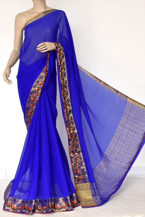 Royal Blue Handloom Semi-Chiffon Saree (with Blouse) Embroidery on Zari Border 16181