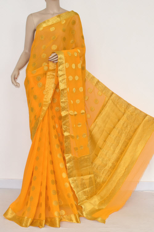 Golden Yellow Handloom Semi-Chiffon Saree (with Blouse) Allover Zari Border and Booti 16192