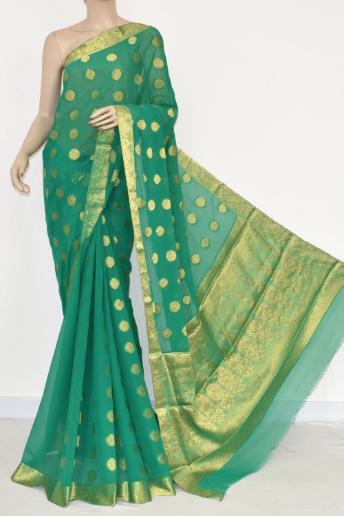 Green Handloom Semi-Chiffon Saree (with Blouse) Allover Zari Border and Booti 16195