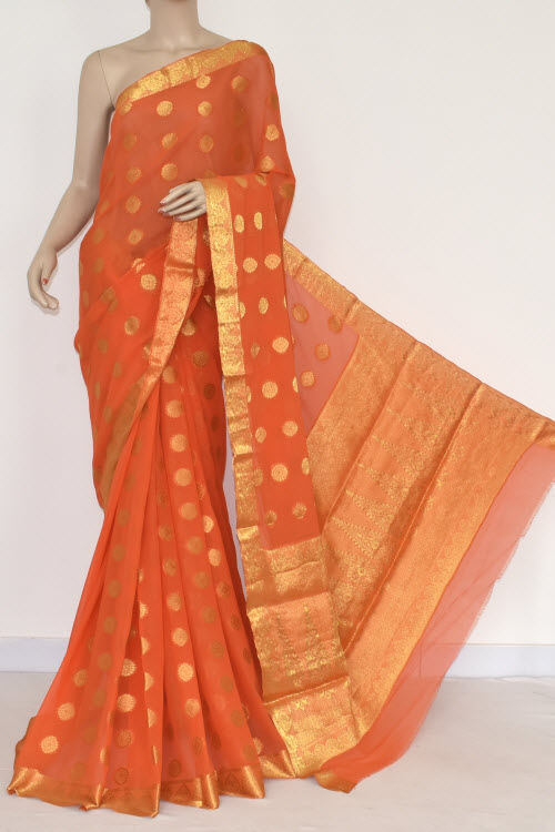 Orange Handloom Semi-Chiffon Saree (with Blouse) Allover Zari Border and Booti 16198