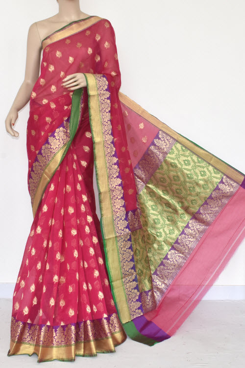 Red Green Handloom Chanderi Cotton Saree (with Blouse) Allover Resham Weaving 16209