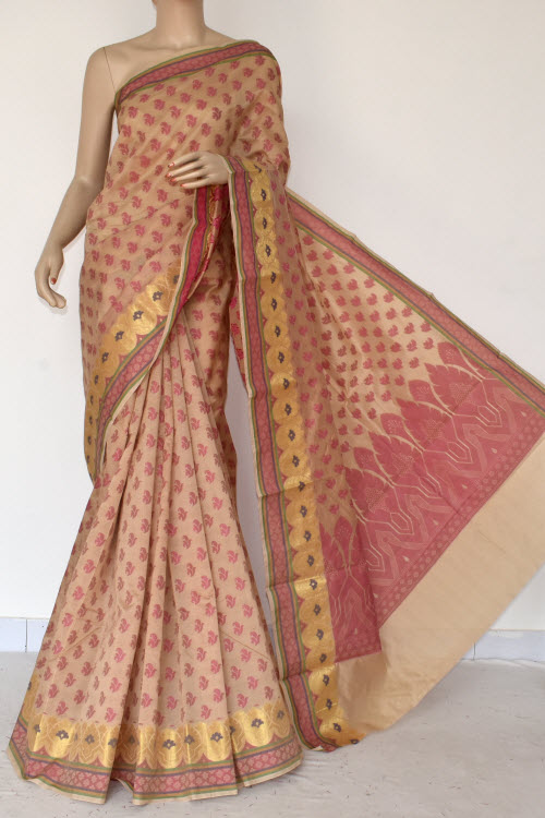 Fawn Handloom Banarasi Semi Cotton Saree (with Blouse) Allover Resham Weaving 16214