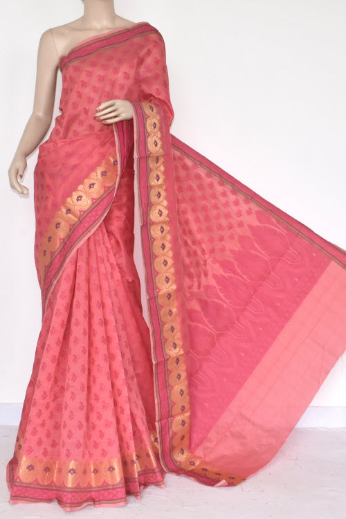 Peach Handloom Banarasi Semi Cotton Saree (with Blouse) Allover Resham Weaving 16215