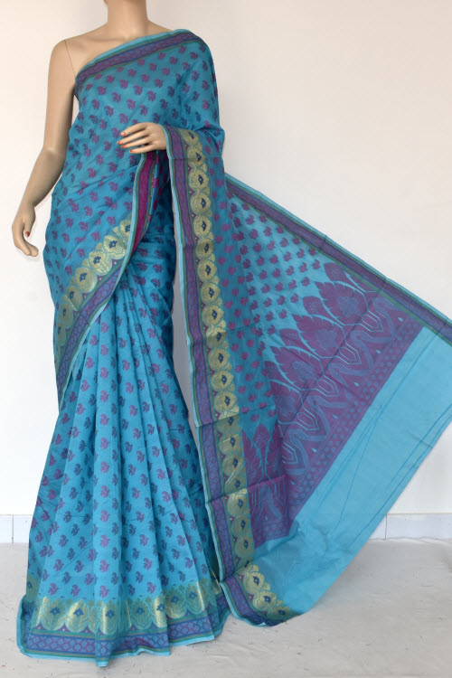 Pherozi Blue Handloom Banarasi Semi Cotton Saree (with Blouse) Allover Resham Weaving 16218