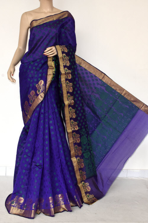 Ink Blue Handloom Banarasi Semi Cotton Saree (with Blouse) Allover Resham Weaving 16220