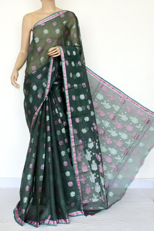 Bottle Green Exclusive Allover Resham Booti Kota Saree (With Blouse - Supernet) 15484