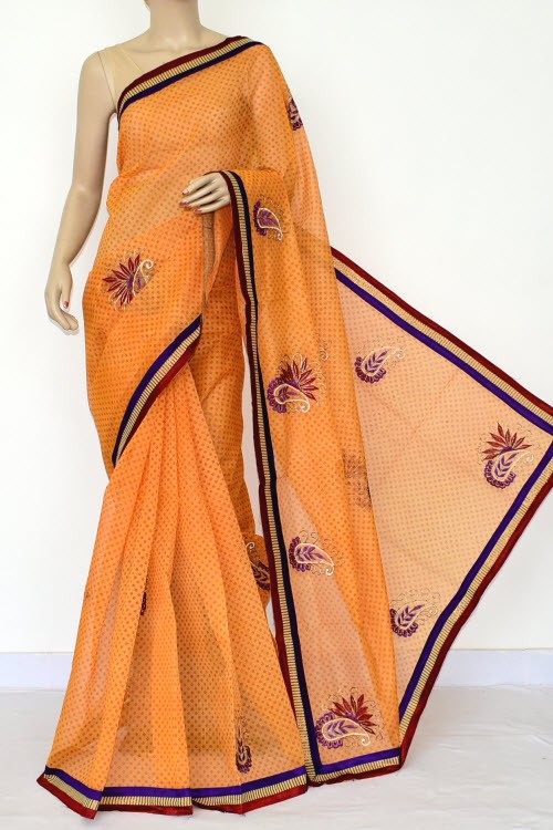 Yellow Embroidered Kota Saree (Without Blouse - Supernet)-15475