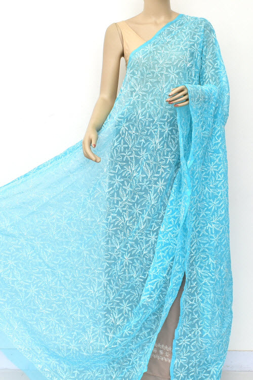 Pherozi Blue Hand Embroidered Allover Tepchi Work Lucknowi Chikankari Dupatta (Faux Georgette) Extra Long 18066