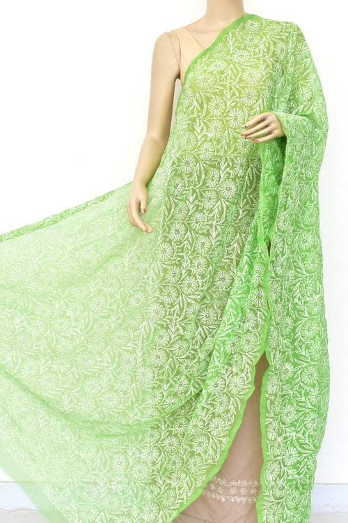 Menhdi Green Hand Embroidered Allover Tepchi Work Lucknowi Chikankari Dupatta (Faux Georgette) Extra Long 18057