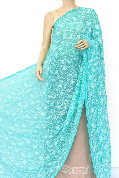 Sea Green Hand Embroidered Allover Tepchi Work Lucknowi Chikankari Dupatta (Faux Georgette) Extra Long 18054